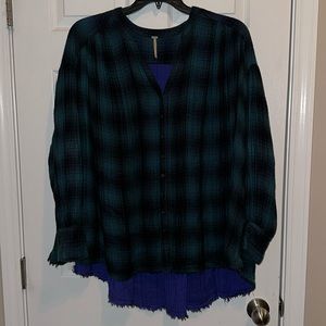 Free People Green and Black Flannel High Low Size Small